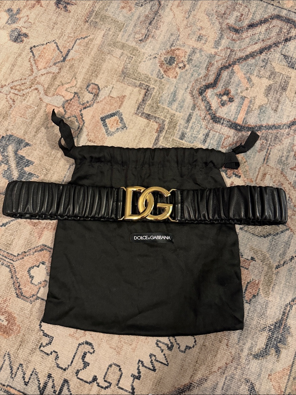 Dolce & Gabbana Black Leather Elastic Stretch Belt with Gold DG Logo
